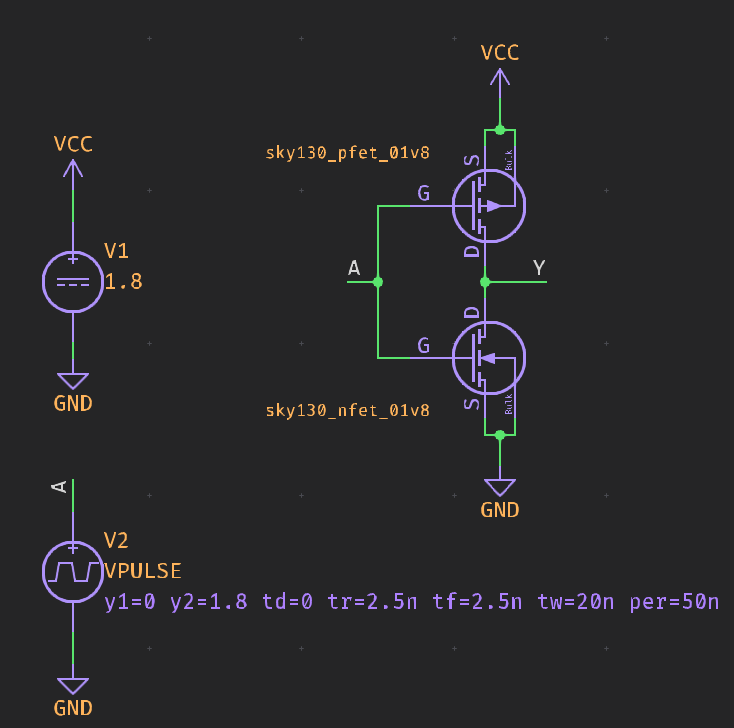Full view of the KiCad schematic showing the VDC and VPULSE elements along with the CMOS inverter previously shown